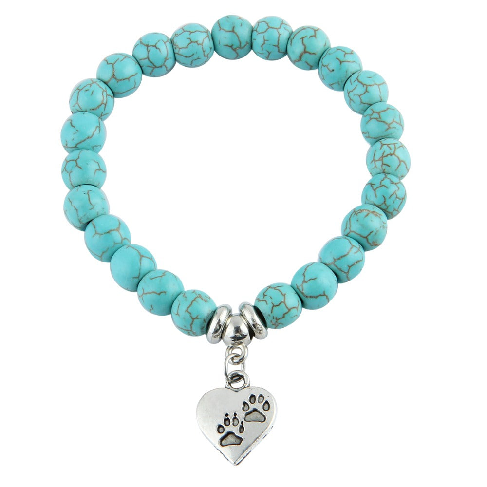 Vintage Turquoise Stone Bracelet with Dog Paws in Heart