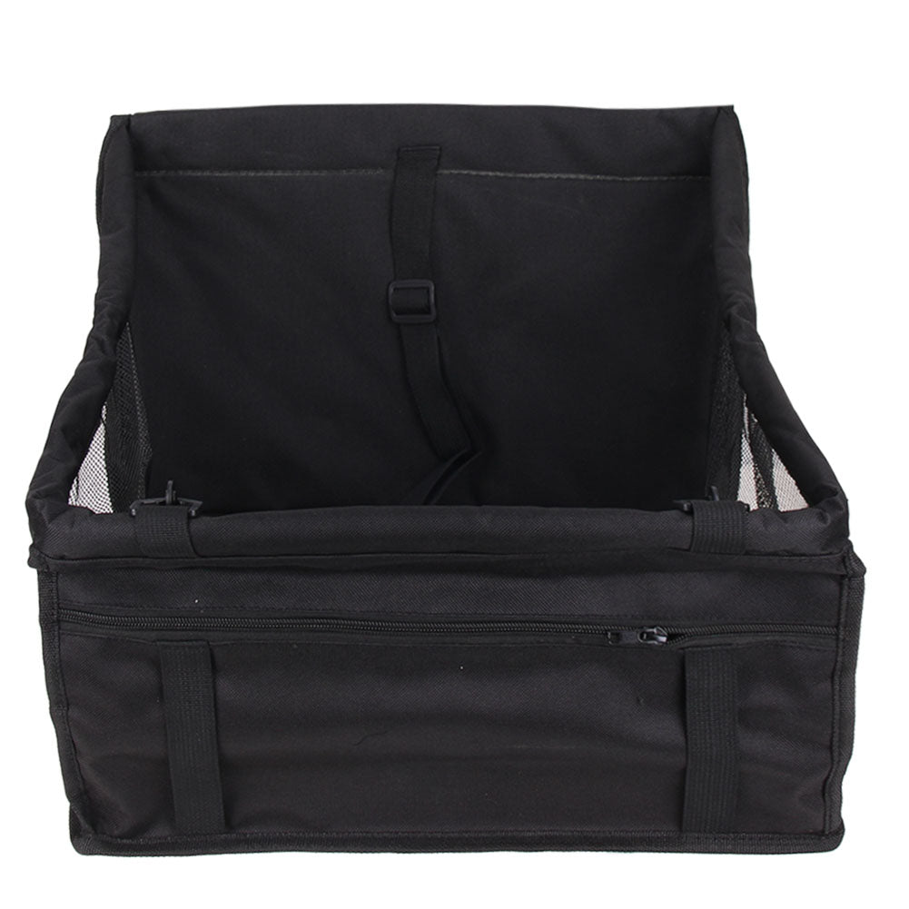 Waterproof and Foldable Car Booster Seat for Dogs with Clip-On Safety Leash and Storage Pocket.