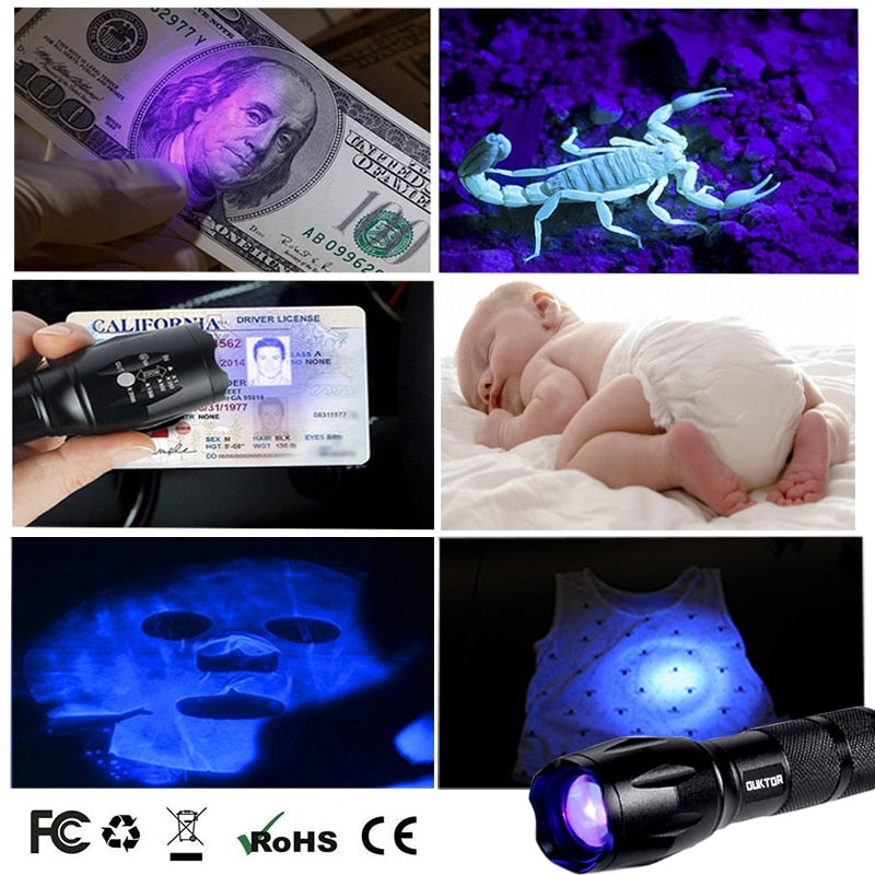 Waterproof 365 nm UV Led Flashlight Ultraviolet Zoomable Torch Lamp for Pet Urine Bugs and Stains Detection