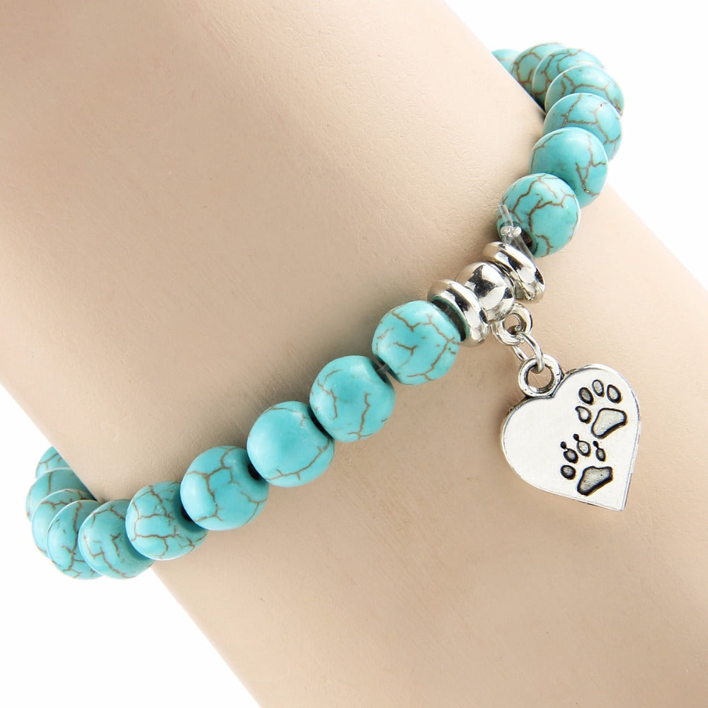 Vintage Turquoise Stone Bracelet with Dog Paws in Heart