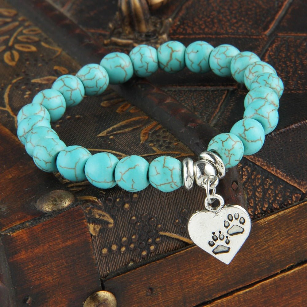 Vintage Turquoise Stone Bracelet with Dog Paws in Heart