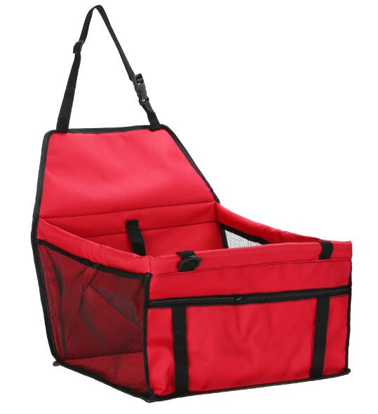 Waterproof and Foldable Car Booster Seat for Dogs with Clip-On Safety Leash and Storage Pocket.